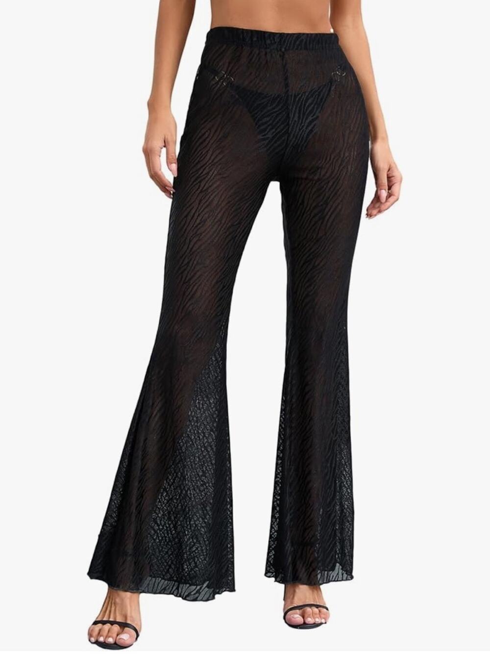 Sheer Zebra-Texture Flared Pants - Black